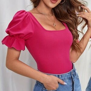Women's Pink Puff Sleeve Bodysuit Size M NWT